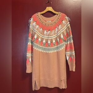 Twinset Milano Wool Sweater Dress Women’s XL Fair‎ Isle Fringe Rhinestone Boho